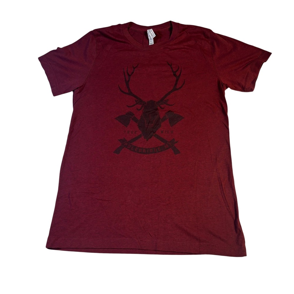 Bella Canvas Polebridge MT True Wild Deer Axes Graphic Tee Maroon Women's Medium